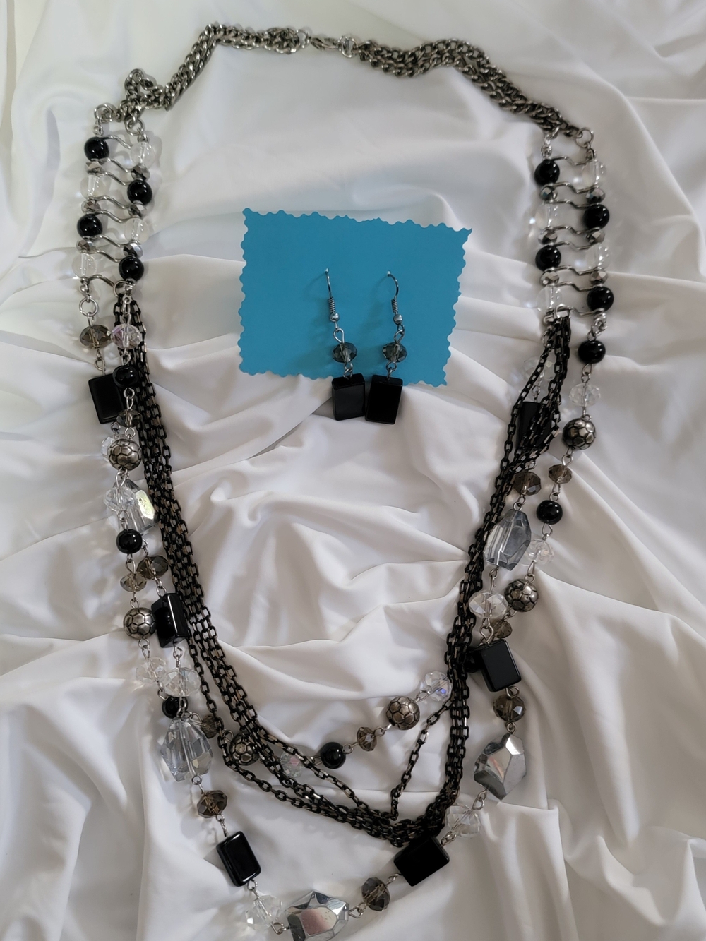 Multi-Chain Black and Silver Statement Necklace with Matching Earrings